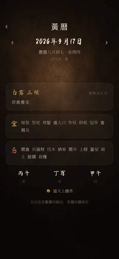 黃曆畫面:今日農曆日期、節氣與宜忌清單